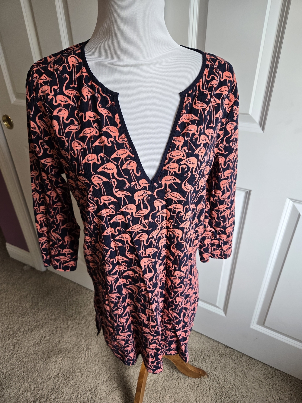 J. Crew Factory Navy and Coral Flamingo Print Tunic
